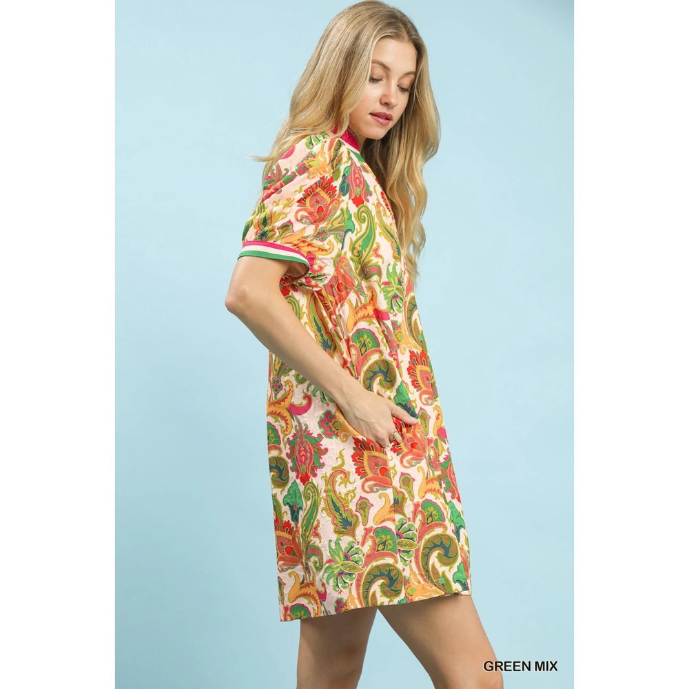 Umgee Jacquard Abstract Print Mini Dress - Green Mix - Medium - Picture 2 of 6